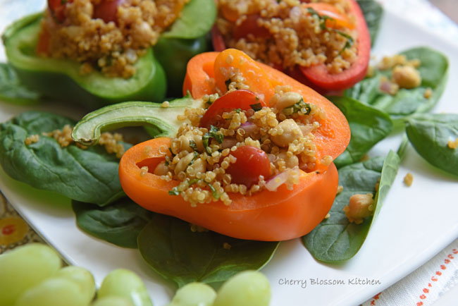 Need something to fix for dinner that's healthy AND tasty? Check out Cherry Blossom Kitchen's Stuffed Bell Peppers with Quinoa, Chickpeas, Basil and Mint!