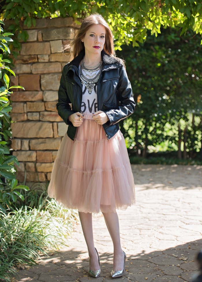 Leather Jacket, graphic t-shirt, tulle skirt, metallic high heels