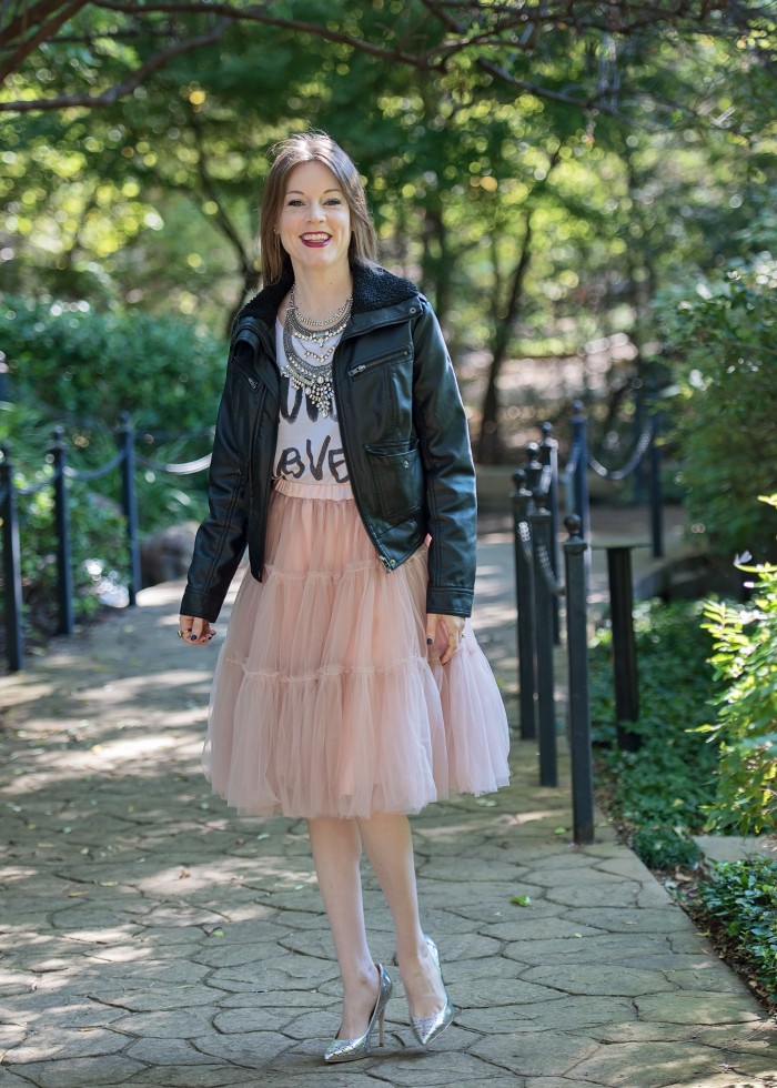 Leather Jacket, graphic t-shirt, tulle skirt, metallic high heels, statement necklace