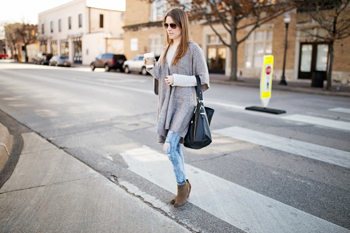 Draped Open-Front Cardigan, Skinny Jeans, Wedge Booties