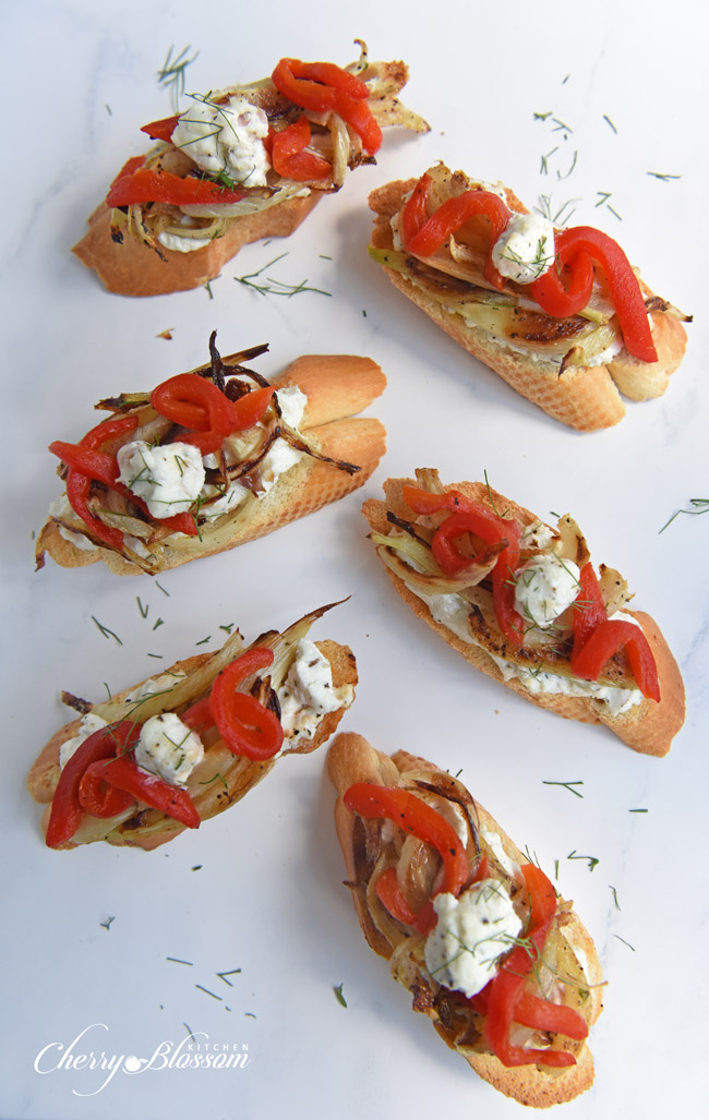 Carmelized Fennel Tartines with Red Pepper and Herbed Goat Cheese 1 CherryBlossomKitchen.com