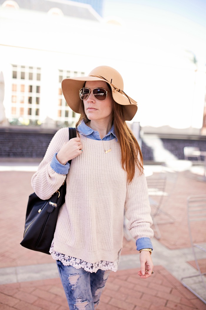 Oversized Sweater, Chambray, Distressed Jeans, Floppy Hat