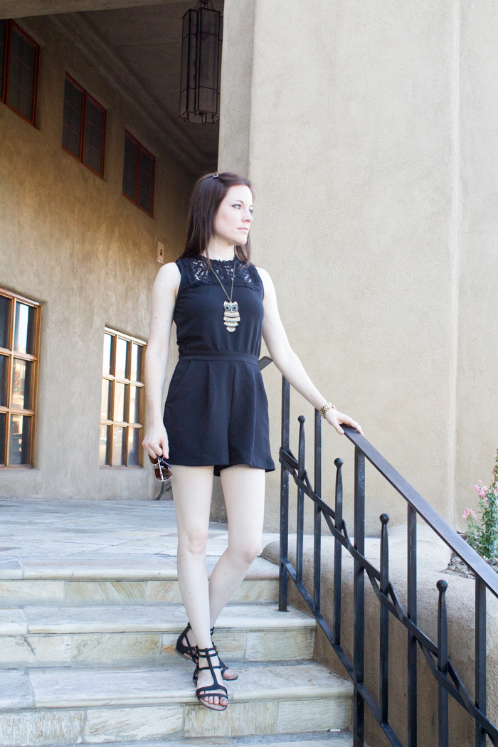 What to Wear in Santa Fe, NM - Black Romper and Gladiator Sandals from Target